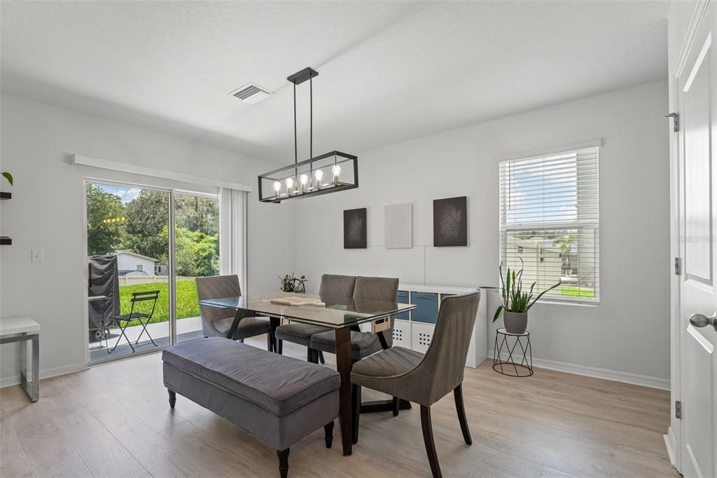 Dining room, Interior, Pendant Lights, Wood Texture Flooring