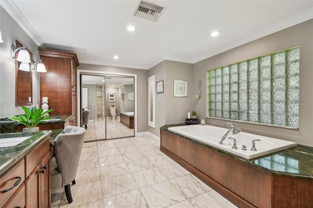 Bathroom, Glass Shower, Interior, Marble, Recessed Lighting