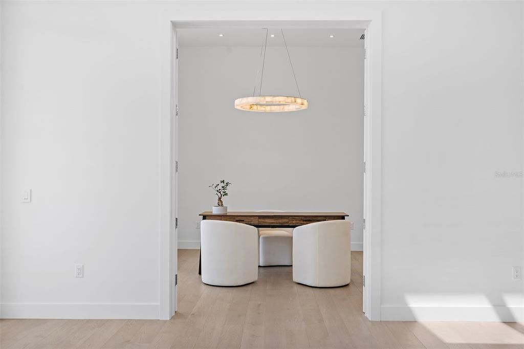 Dining room, Interior, Pendant Lights, Recessed Lighting, Wood Texture Flooring