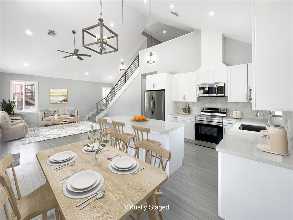 Dining room, Interior, Kitchen, Living room, Pendant Lights, Recessed Lighting, Stainless Steel Appliances, Wood Texture Flooring