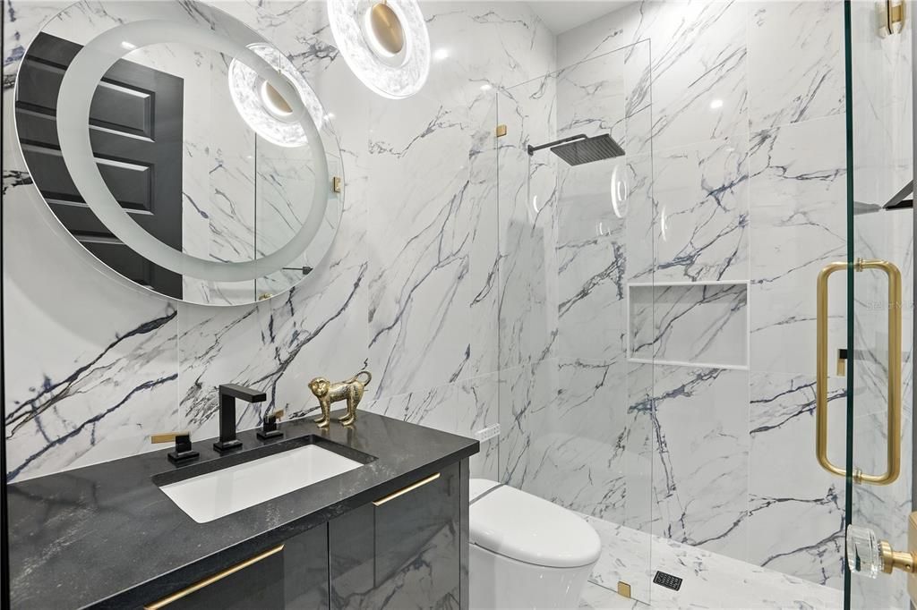 Bathroom, Glass Shower, Interior, Marble Walls