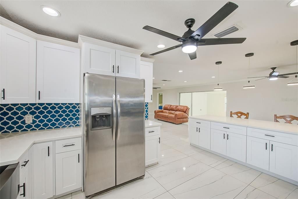 Interior, Kitchen, Marble, Pendant Lights, Recessed Lighting, Stainless Steel Appliances