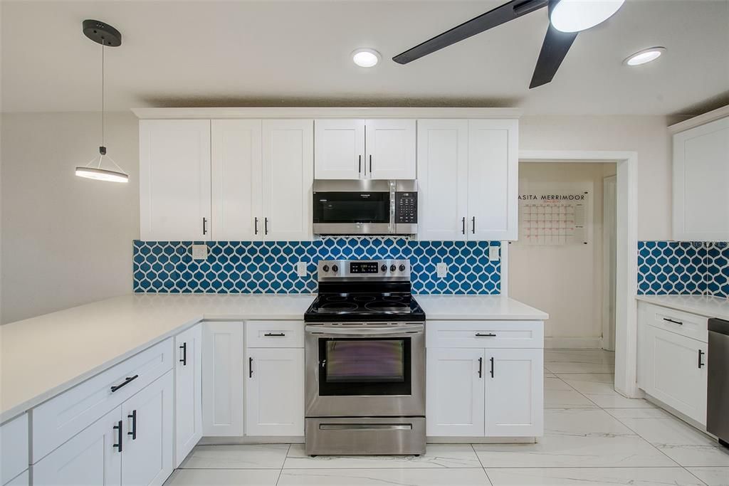 Interior, Kitchen, Marble, Pendant Lights, Recessed Lighting, Stainless Steel Appliances