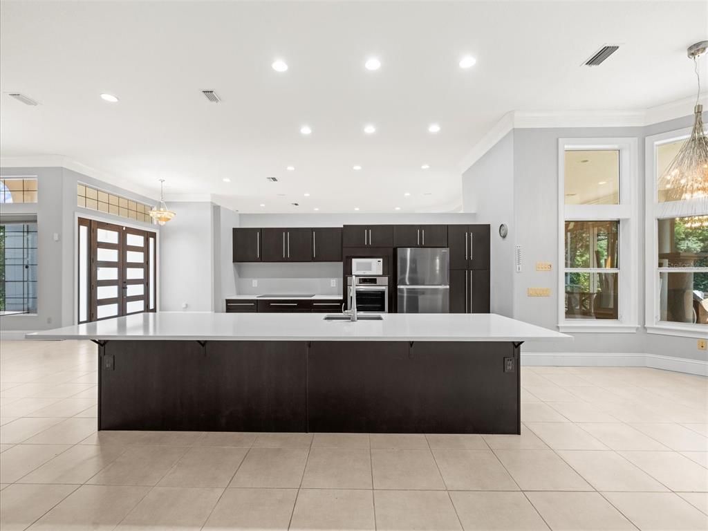 Chandelier, Interior, Kitchen, Pendant Lights, Recessed Lighting, Stainless Steel Appliances