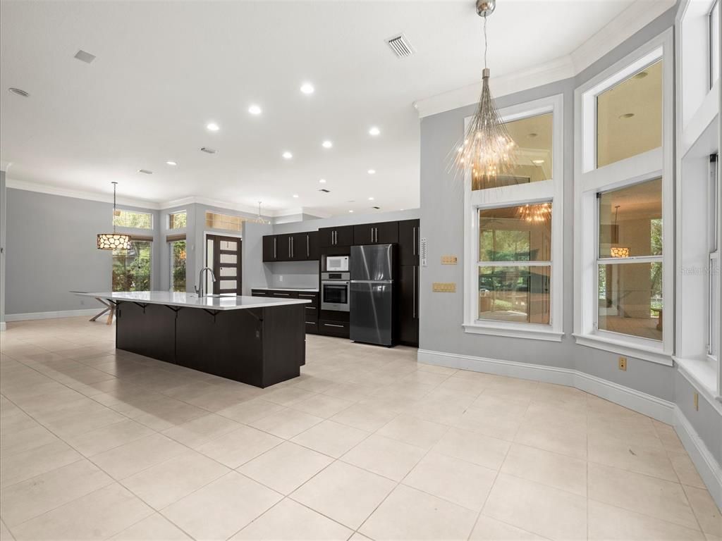 Chandelier, Interior, Kitchen, Pendant Lights, Recessed Lighting, Stainless Steel Appliances