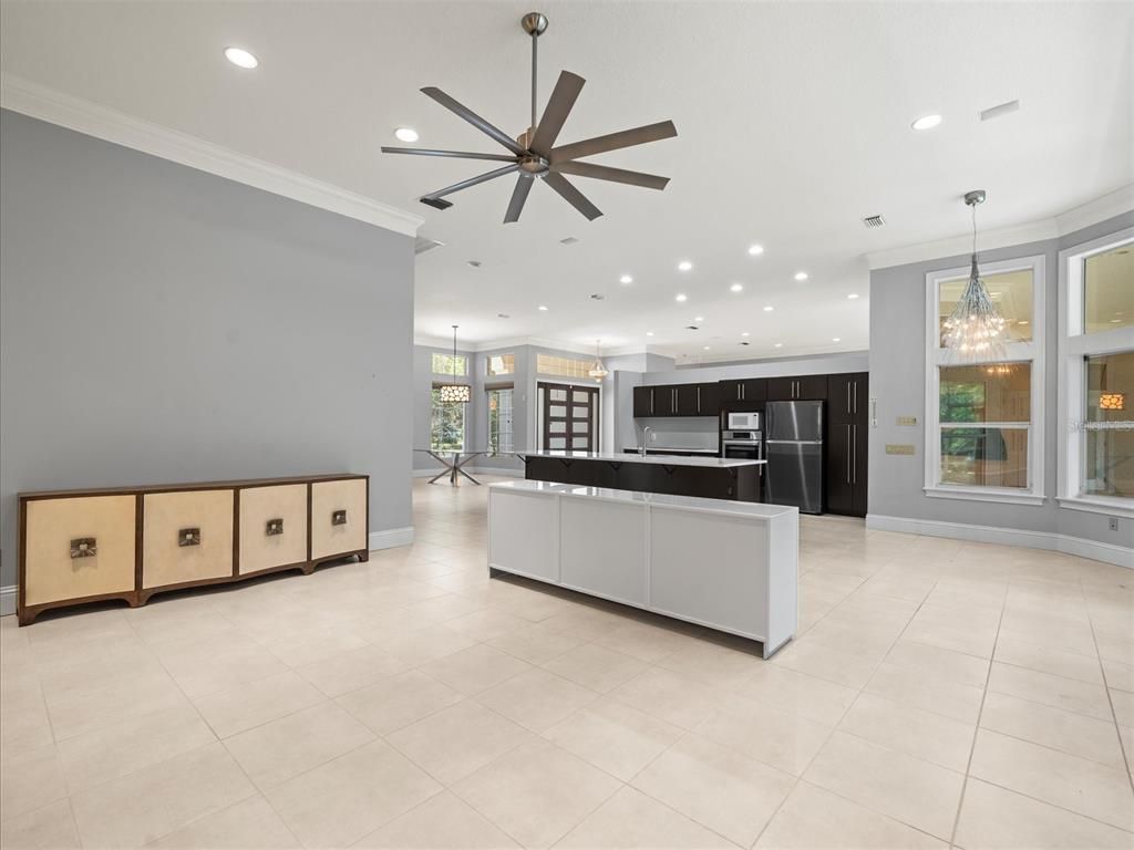 Chandelier, Interior, Kitchen, Pendant Lights, Recessed Lighting, Stainless Steel Appliances