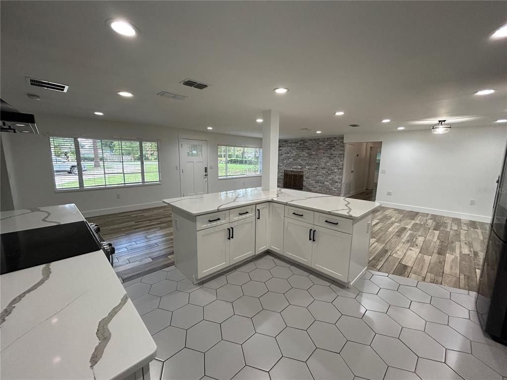 Interior, Kitchen, Recessed Lighting, Stone Walls, Wood Texture Flooring