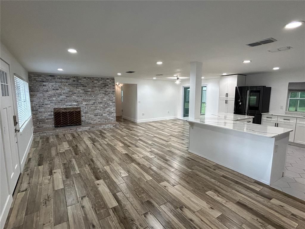 Interior, Kitchen, Recessed Lighting, Stone Walls, Wood Texture Flooring