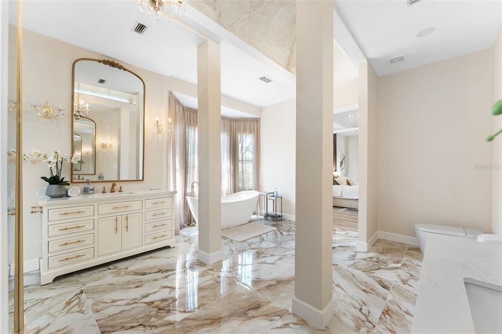 Bathroom, Bedroom, Dual Sink Vanities, Free Standing Baths, Interior, Marble, Recessed Lighting