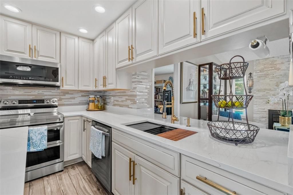 Interior, Kitchen, Recessed Lighting, Stainless Steel Appliances, Stone Walls, Wood Texture Flooring