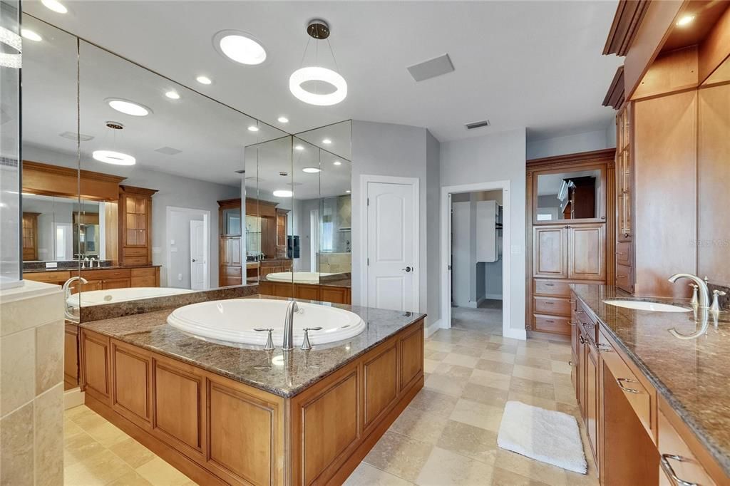 Bathroom, Dual Sink Vanities, Glass Shower, Interior, Pendant Lights, Recessed Lighting