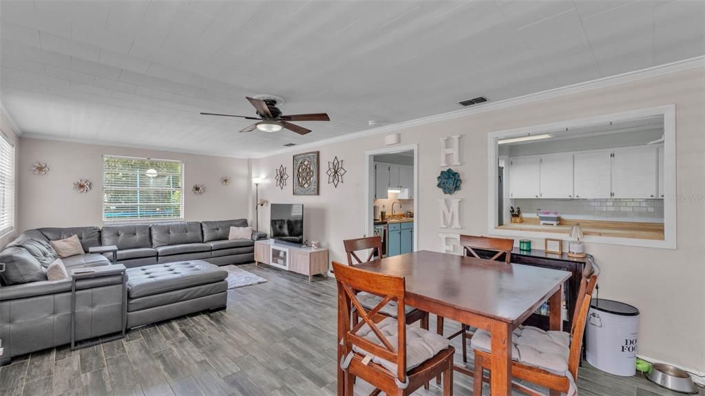 Dining room, Fireplace, Interior, Living room, Wood Texture Flooring