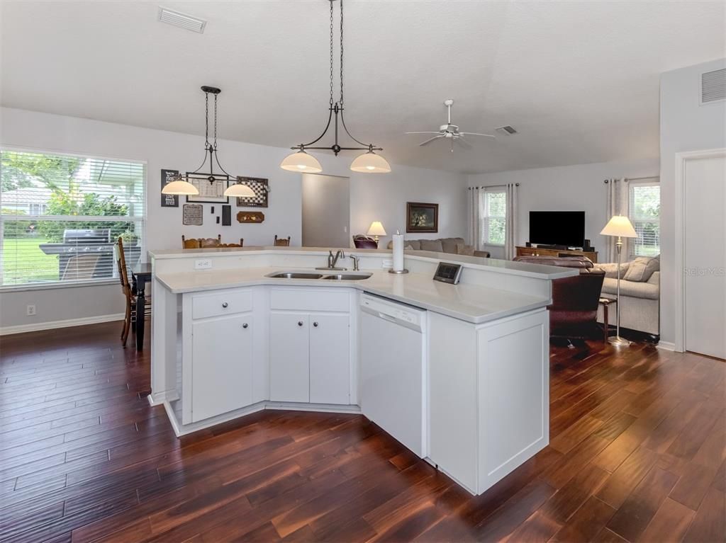 Dining room, Interior, Kitchen, Living room, Pendant Lights, Wood Texture Flooring