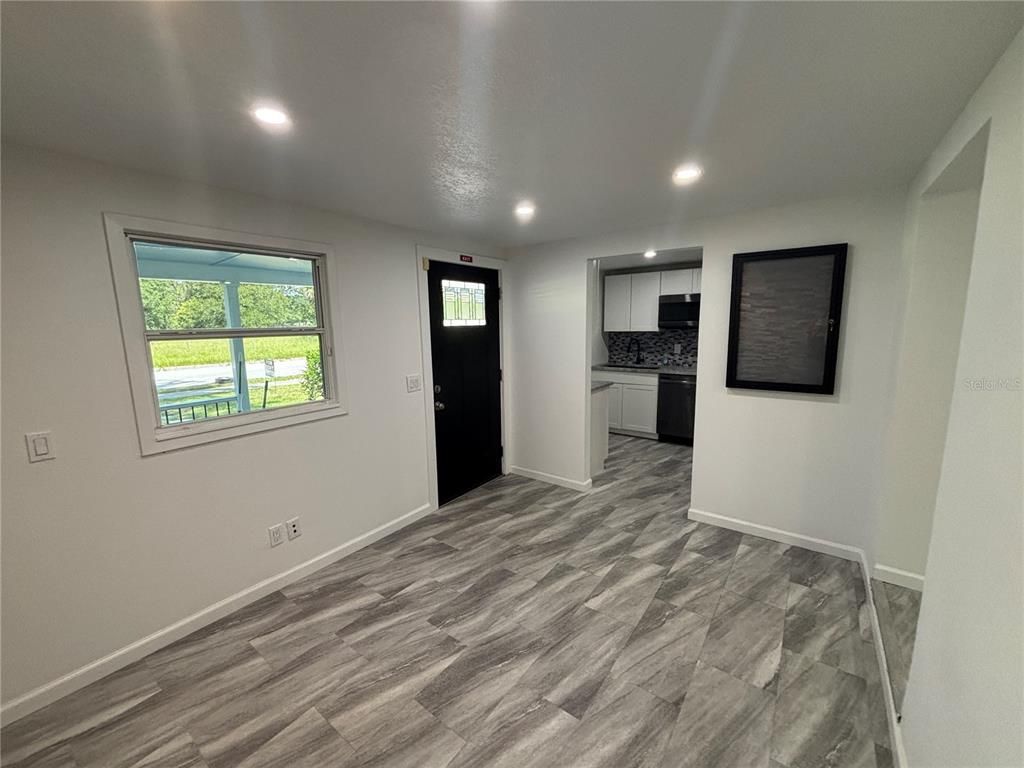 Empty room, Interior, Kitchen, Recessed Lighting, Wood Texture Flooring