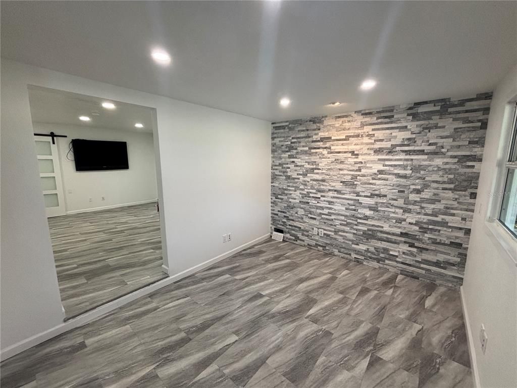 Empty room, Interior, Recessed Lighting, Stone Walls, Wood Texture Flooring