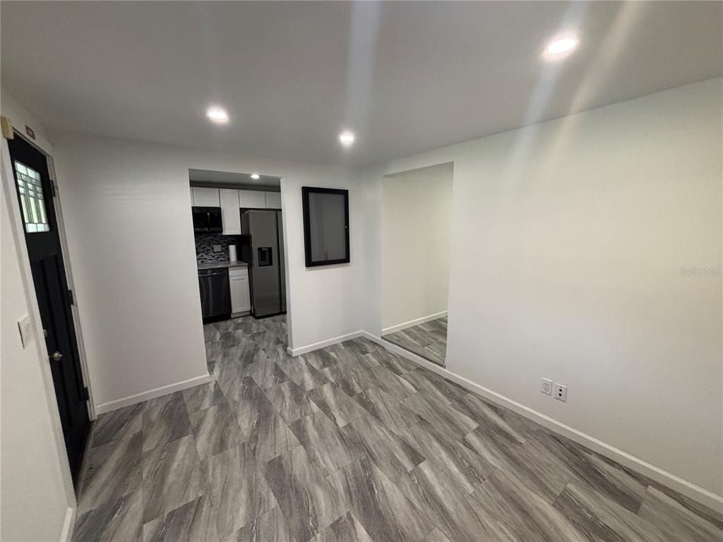 Empty room, Interior, Kitchen, Recessed Lighting, Wood Texture Flooring