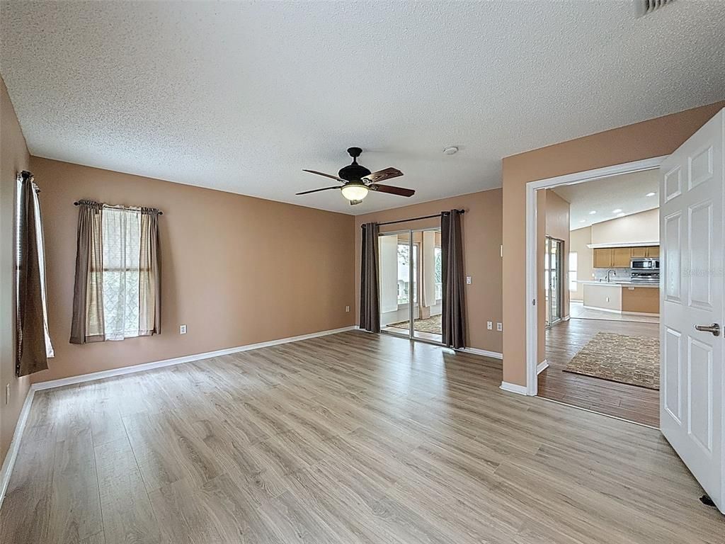 Empty room, Interior, Kitchen, Recessed Lighting, Wood Texture Flooring