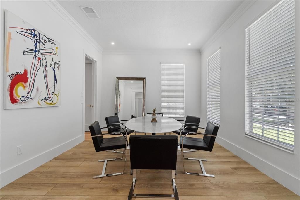 Dining room, Interior, Recessed Lighting, Wood Texture Flooring