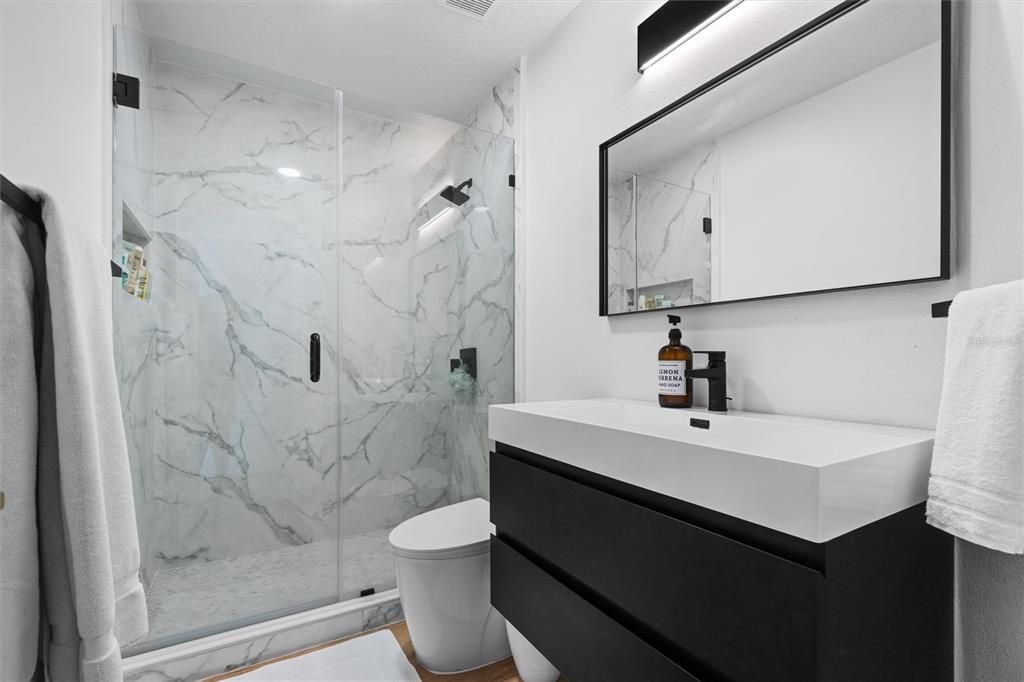 Bathroom, Glass Shower, Interior, Marble, Marble Walls
