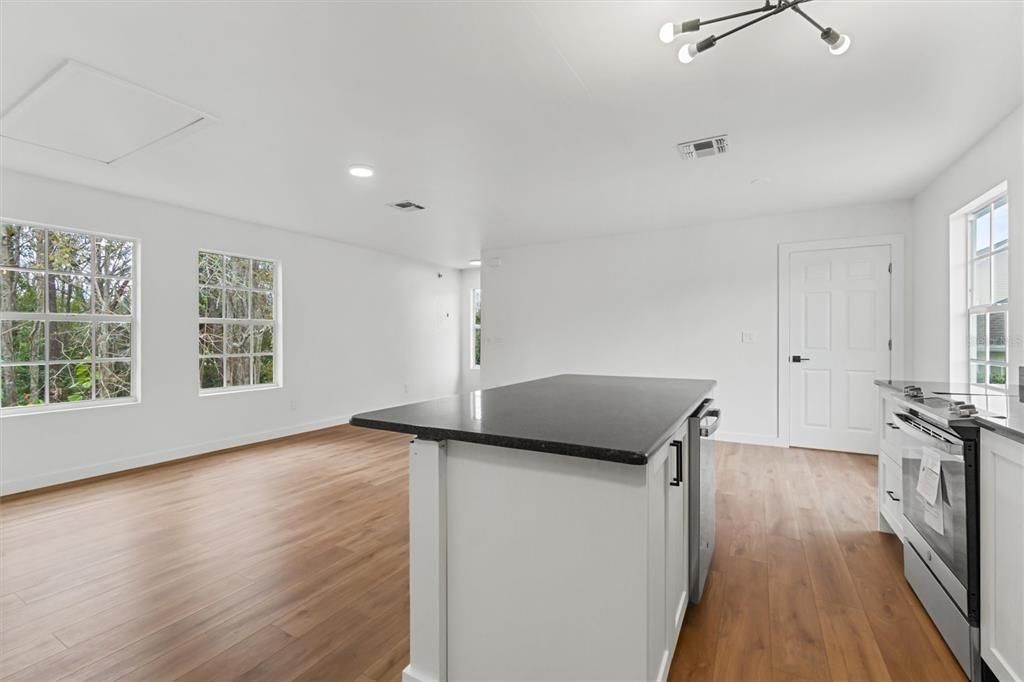 Interior, Kitchen, Recessed Lighting, Wood Texture Flooring