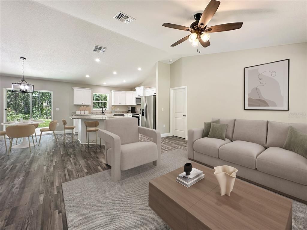 Dining room, Interior, Kitchen, Living room, Pendant Lights, Recessed Lighting, Stainless Steel Appliances, Wood Texture Flooring