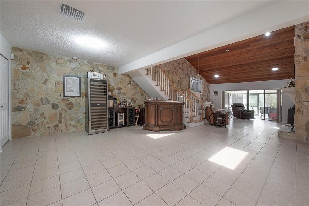 Interior, Recessed Lighting, Stone Walls, Wooden Ceilings