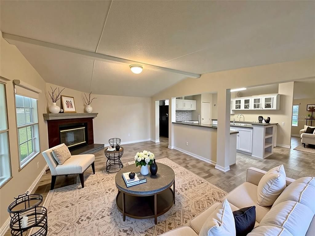 Fireplace, Interior, Kitchen, Living room, Wood Texture Flooring