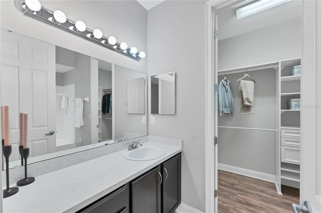 Bathroom, Dual Sink Vanities, Interior, Walk-in Closets, Wood Texture Flooring