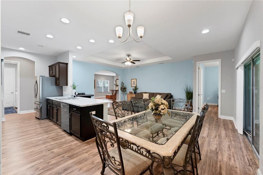 Dining room, Interior, Kitchen, Recessed Lighting, Wood Texture Flooring
