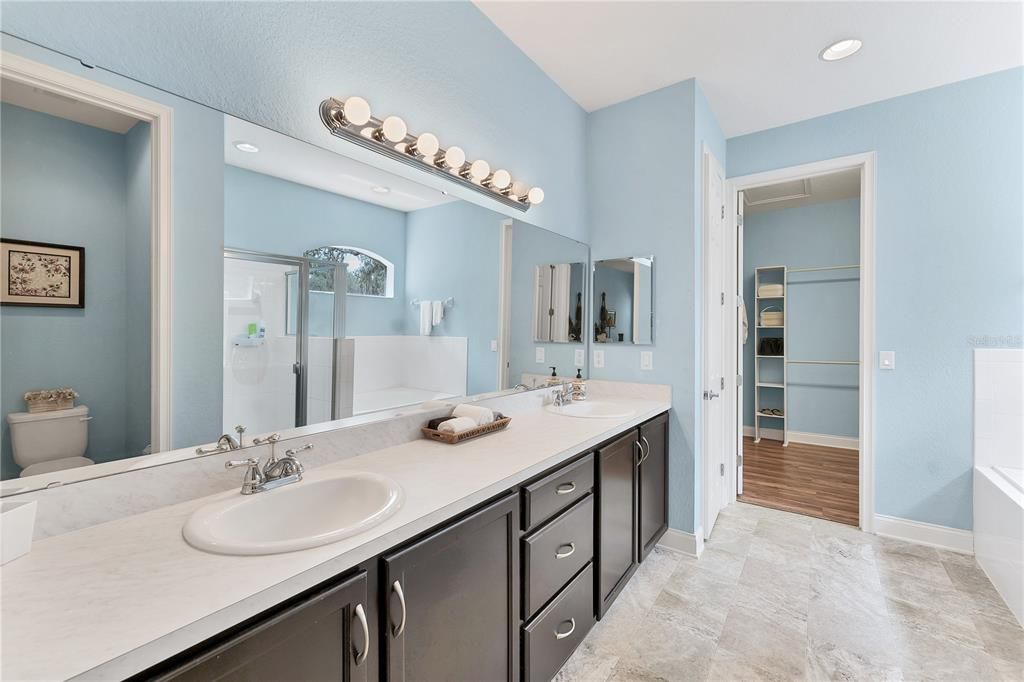 Bathroom, Dual Sink Vanities, Interior, Recessed Lighting, Wood Texture Flooring