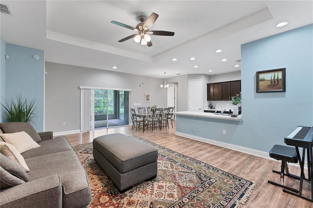 Chandelier, Dining room, Interior, Kitchen, Living room, Pendant Lights, Recessed Lighting, Wood Texture Flooring