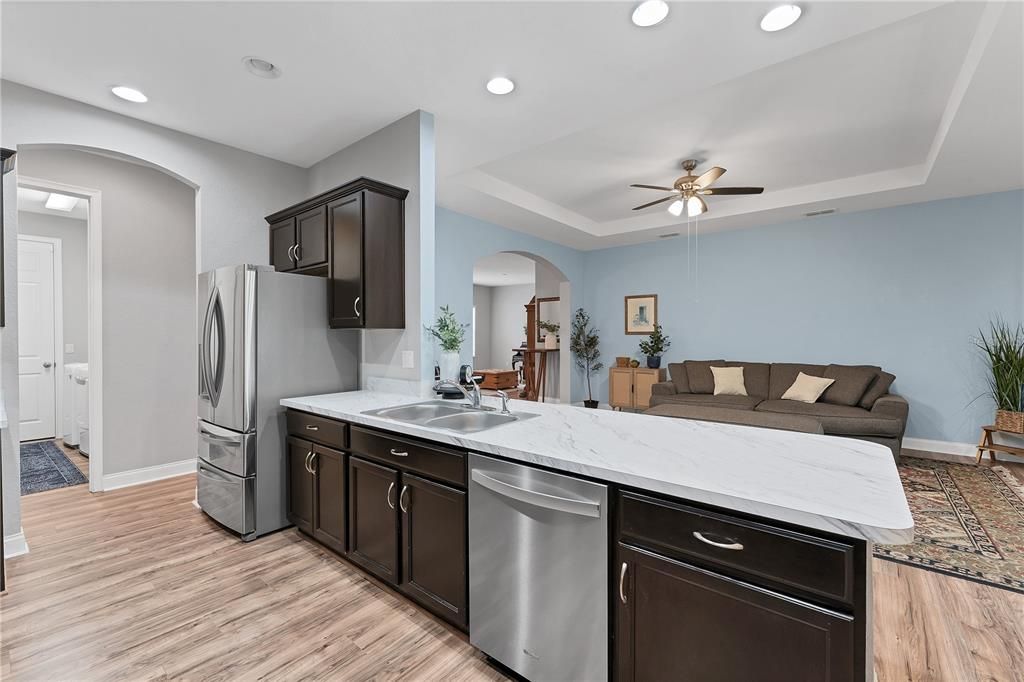 Interior, Kitchen, Living room, Recessed Lighting, Stainless Steel Appliances, Wood Texture Flooring