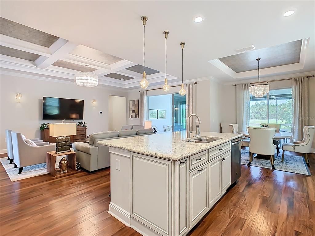 Chandelier, Dining room, Interior, Kitchen, Living room, Pendant Lights, Recessed Lighting, Wood Texture Flooring