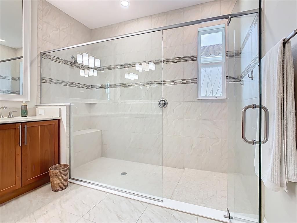 Bathroom, Glass Shower, Interior, Marble, Marble Walls, Recessed Lighting