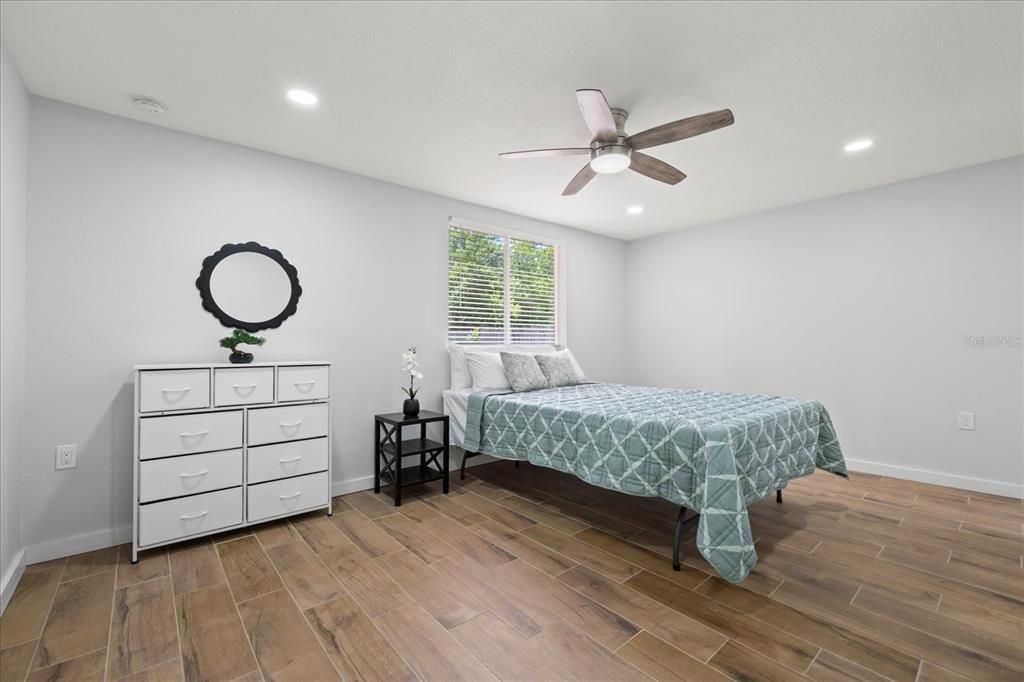 Bedroom, Interior, Recessed Lighting, Wood Texture Flooring