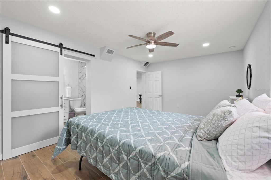 Bedroom, Interior, Recessed Lighting, Wood Texture Flooring