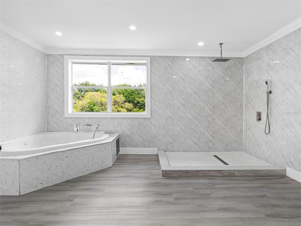 Bathroom, Interior, Marble Walls, Recessed Lighting, Wood Texture Flooring