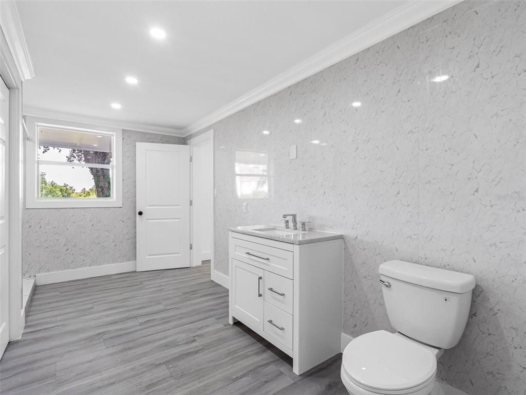 Bathroom, Interior, Recessed Lighting, Wood Texture Flooring