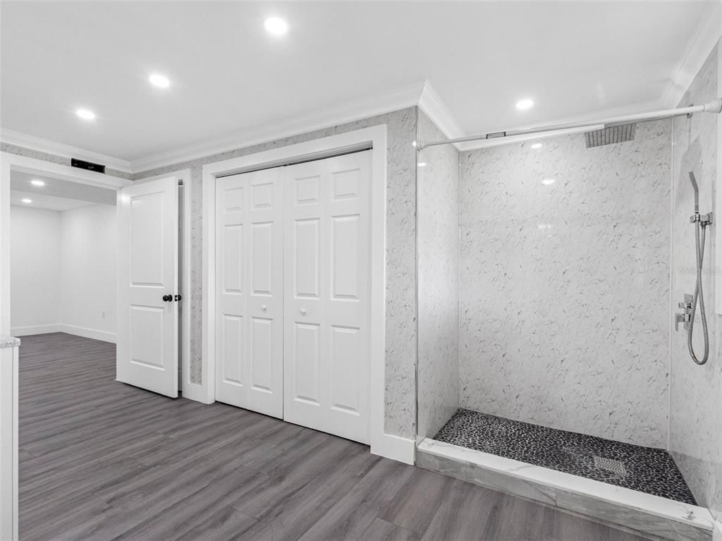 Bathroom, Glass Shower, Interior, Recessed Lighting, Wood Texture Flooring