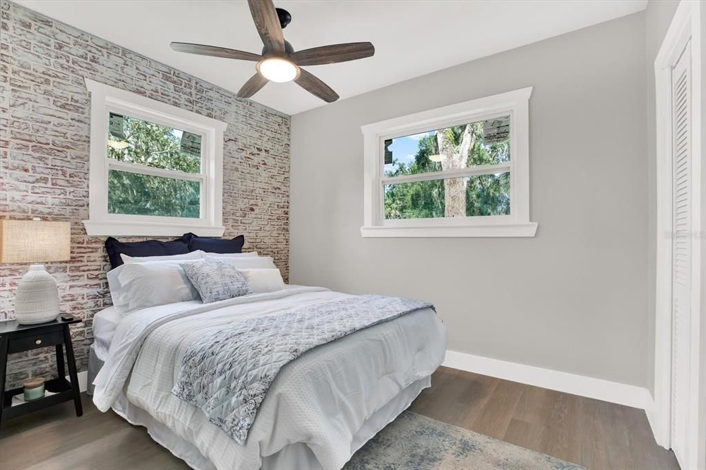 Bedroom, Interior, Stone Walls, Wood Texture Flooring