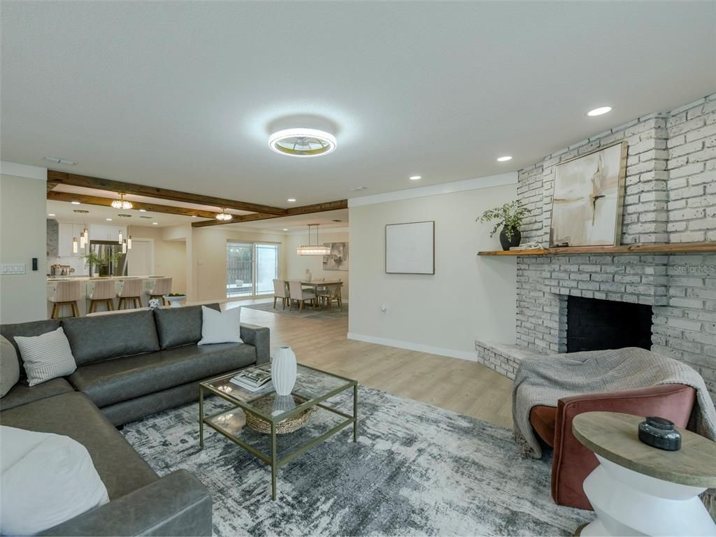 Dining room, Fireplace, Interior, Kitchen, Living room, Pendant Lights, Recessed Lighting, Stone Walls, Wood Texture Flooring
