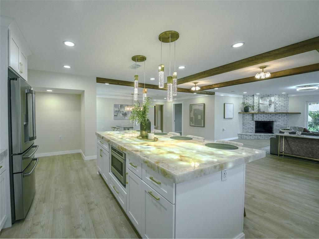 Fireplace, Interior, Kitchen, Living room, Pendant Lights, Recessed Lighting, Wood Texture Flooring