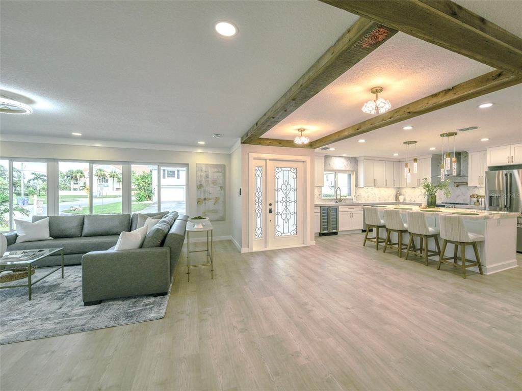 Interior, Kitchen, Living room, Pendant Lights, Recessed Lighting, Wood Texture Flooring