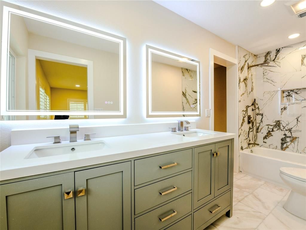 Bathroom, Dual Sink Vanities, Interior, Marble, Marble Walls, Recessed Lighting