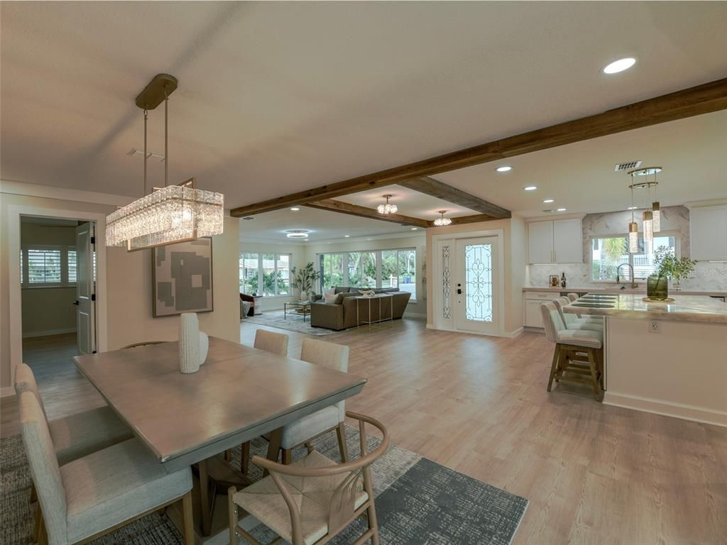 Chandelier, Dining room, Interior, Kitchen, Living room, Pendant Lights, Recessed Lighting, Wood Texture Flooring