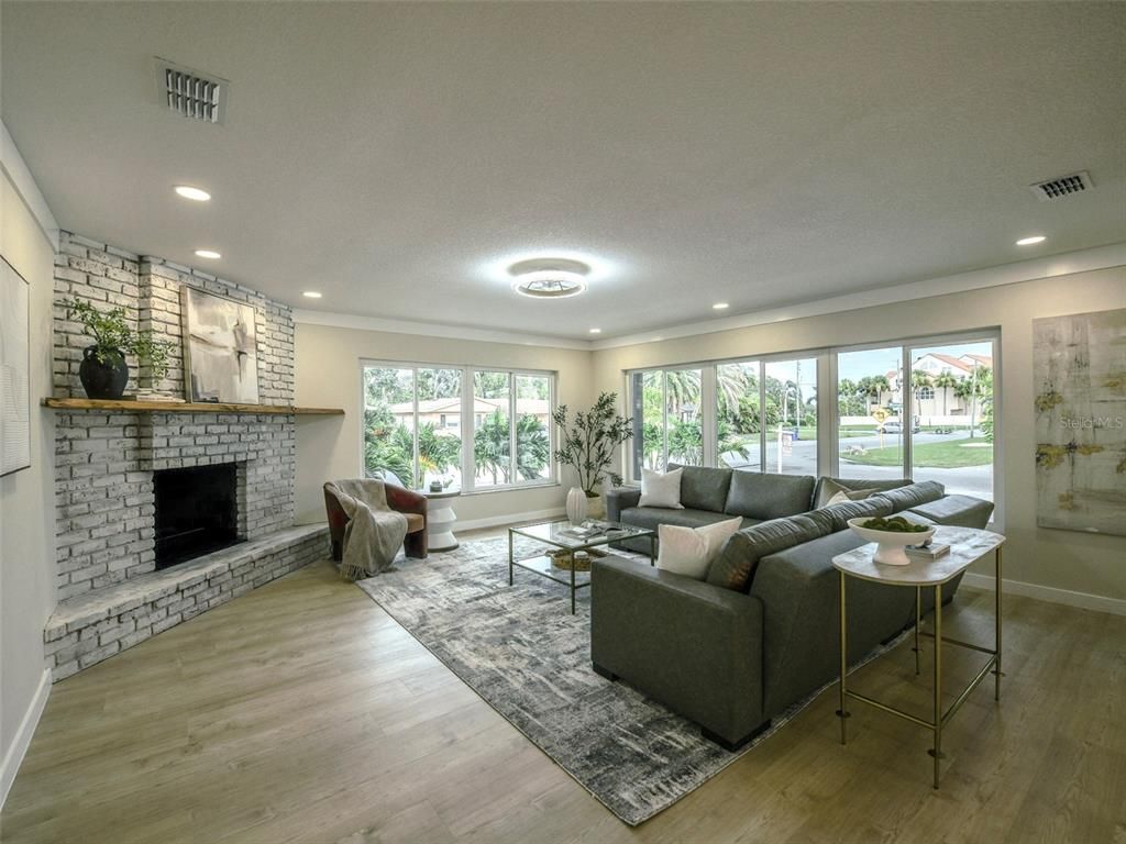 Fireplace, Interior, Living room, Recessed Lighting, Stone Walls, Wood Texture Flooring