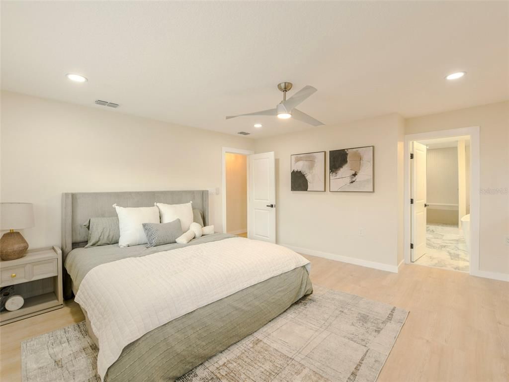 Bedroom, Interior, Recessed Lighting, Wood Texture Flooring