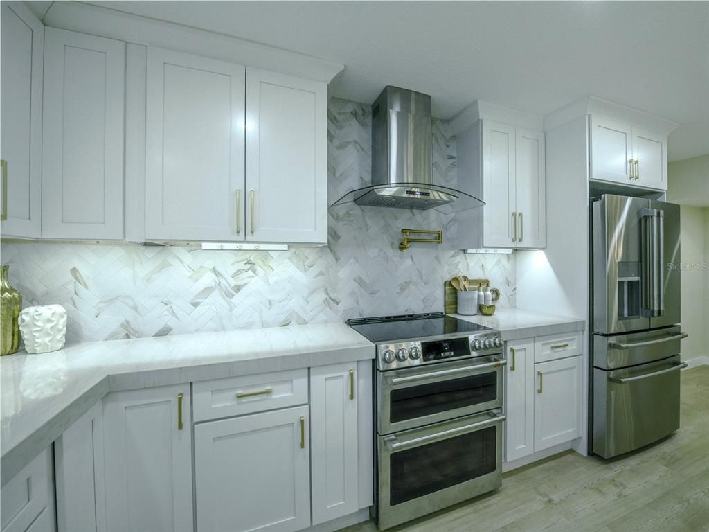 Interior, Kitchen, Marble Walls, Stainless Steel Appliances, Wood Texture Flooring