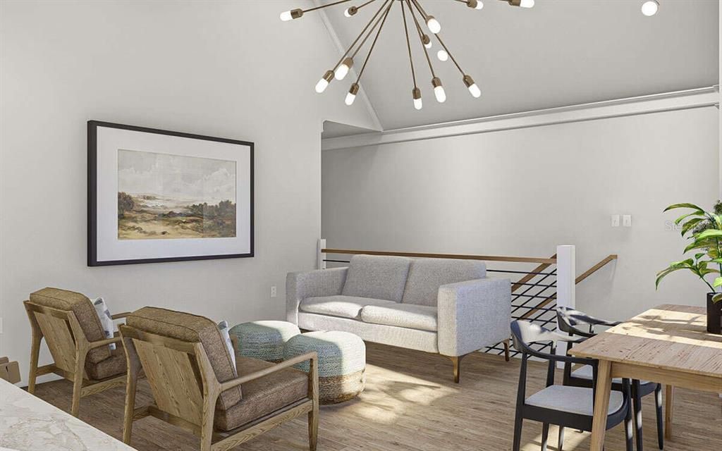 Dining room, Interior, Living room, Pendant Lights, Recessed Lighting, Wood Texture Flooring