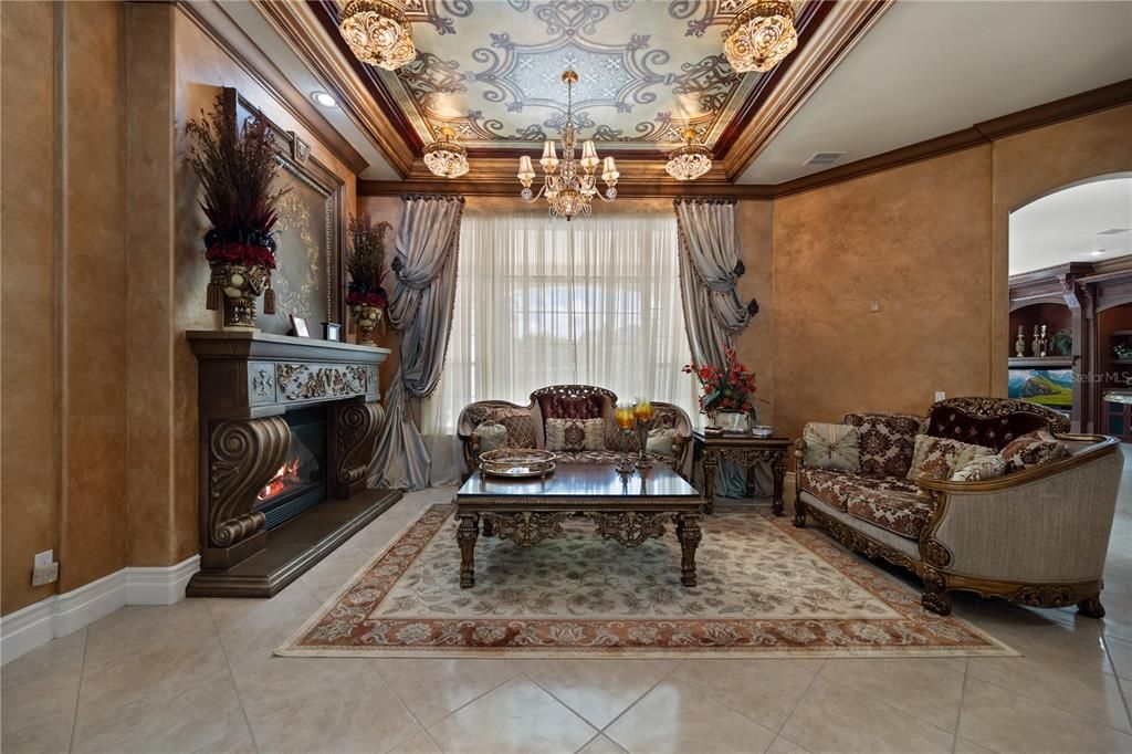 Chandelier, Fireplace, Interior, Living room, Recessed Lighting